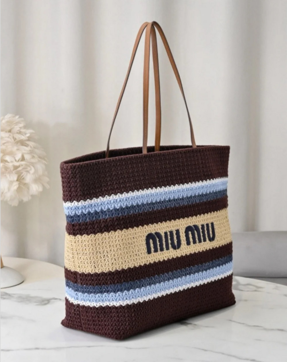 Miu Miu Brown, Cream & Blue Striped Woven Tote